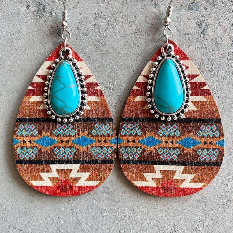 Turquoise Teardrop Shape Wooden Dangle Earrings - 3 Styles