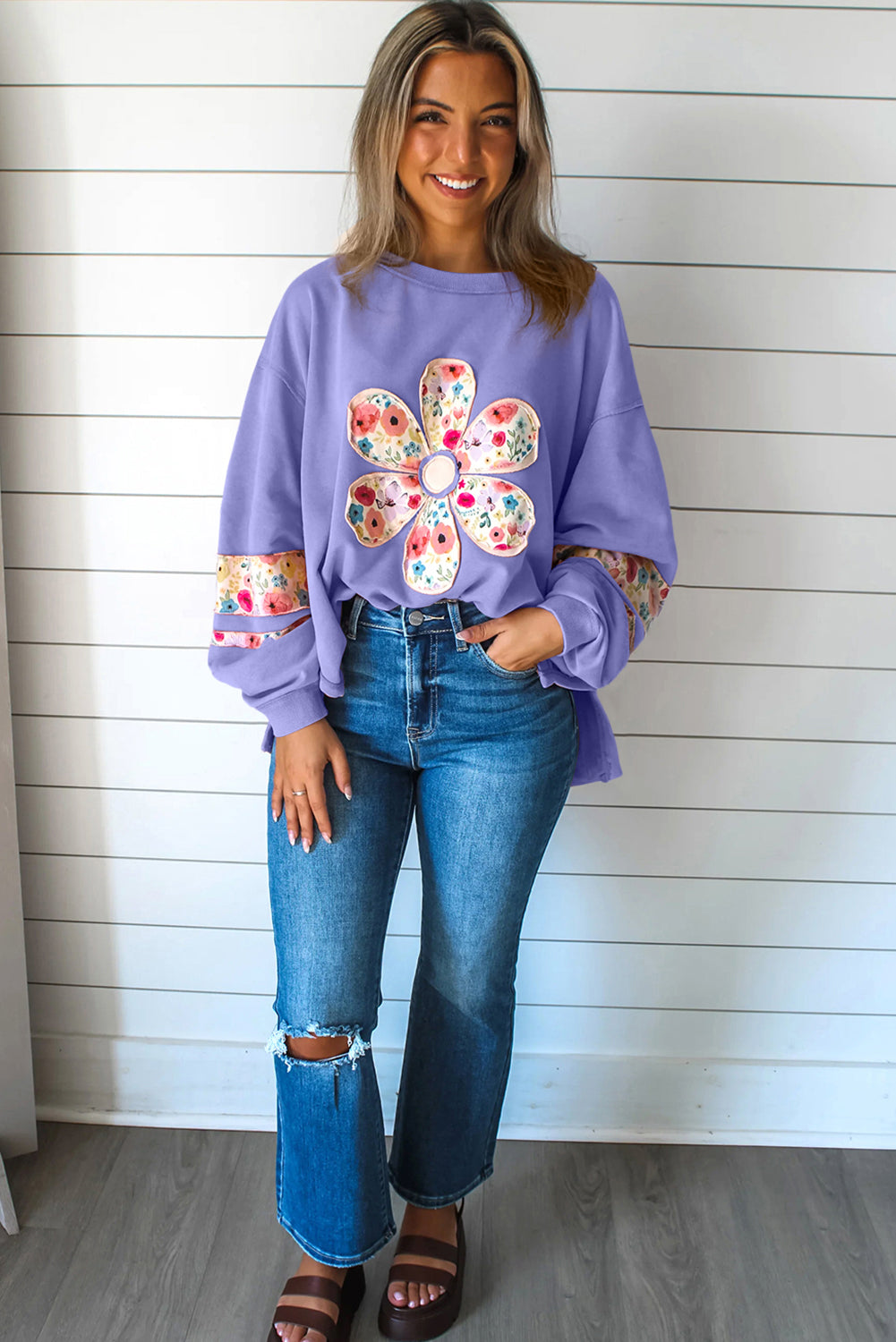 Flower Applique Patchwork Drop Sleeve Pullover Sweatshirt