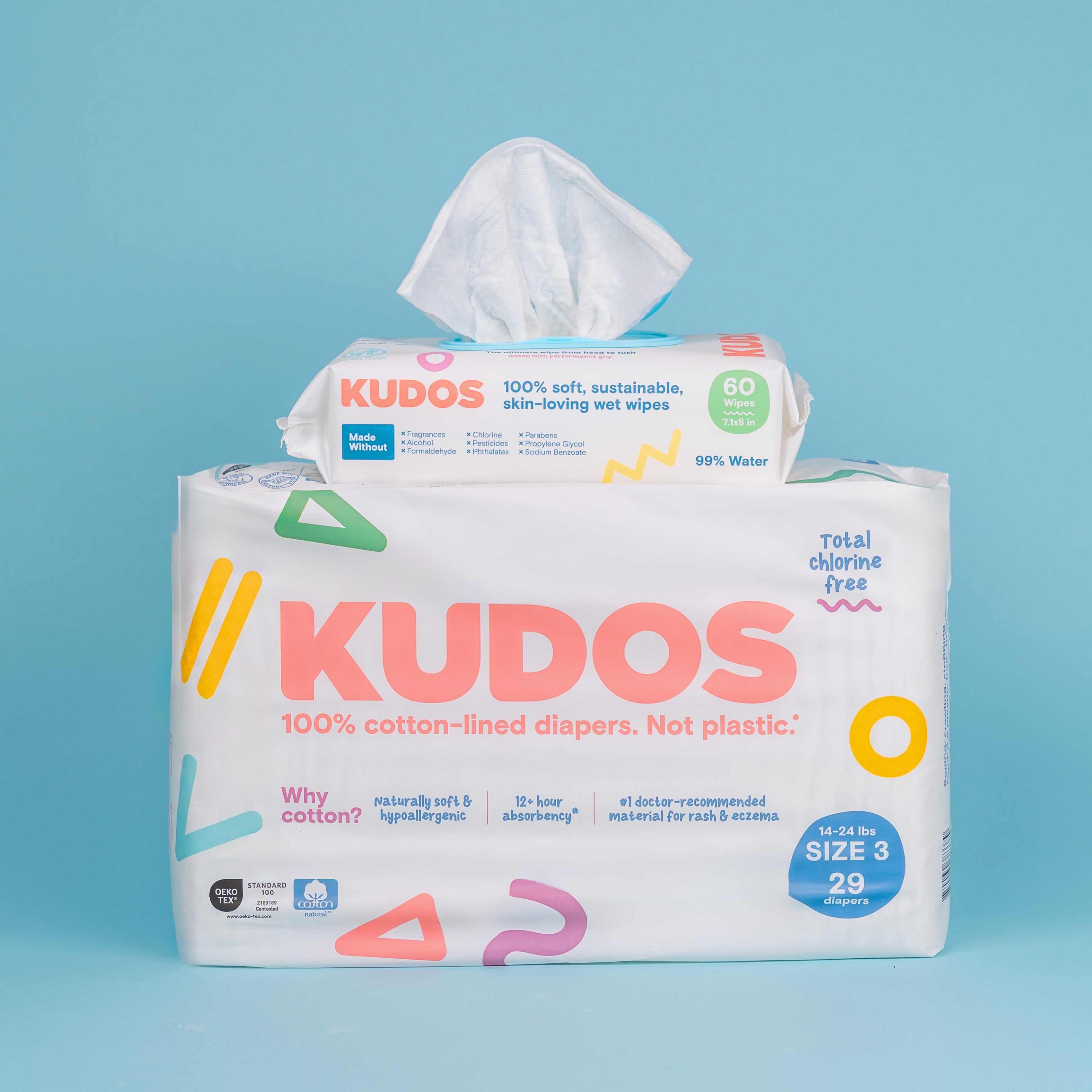 Diaper Box & Wipes Bundle | 100% Cotton Liner, TCF Diapers Size 1-6 | Kudos