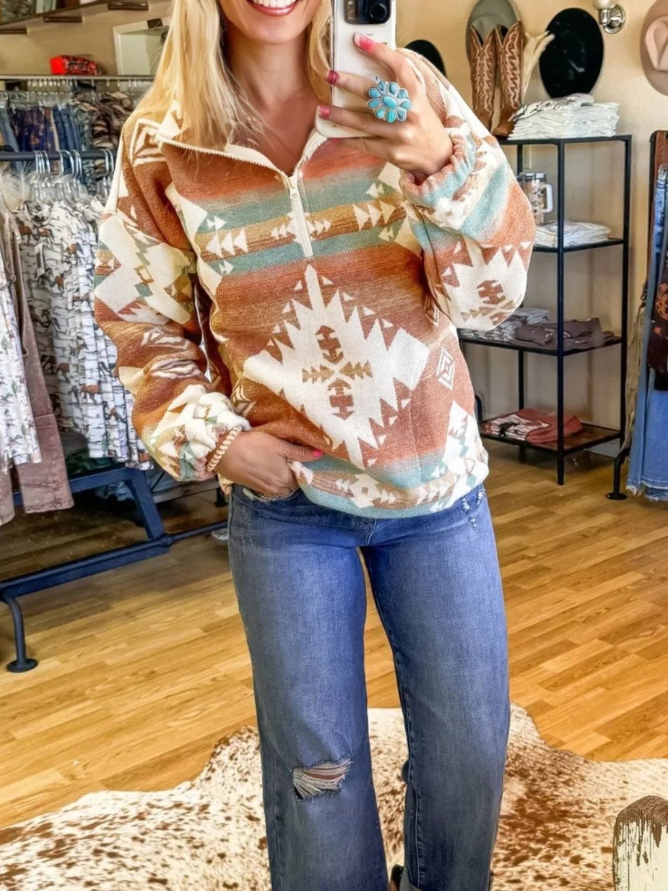 Quarter Zip Elastic Cuffs Aztec Sweatshirt