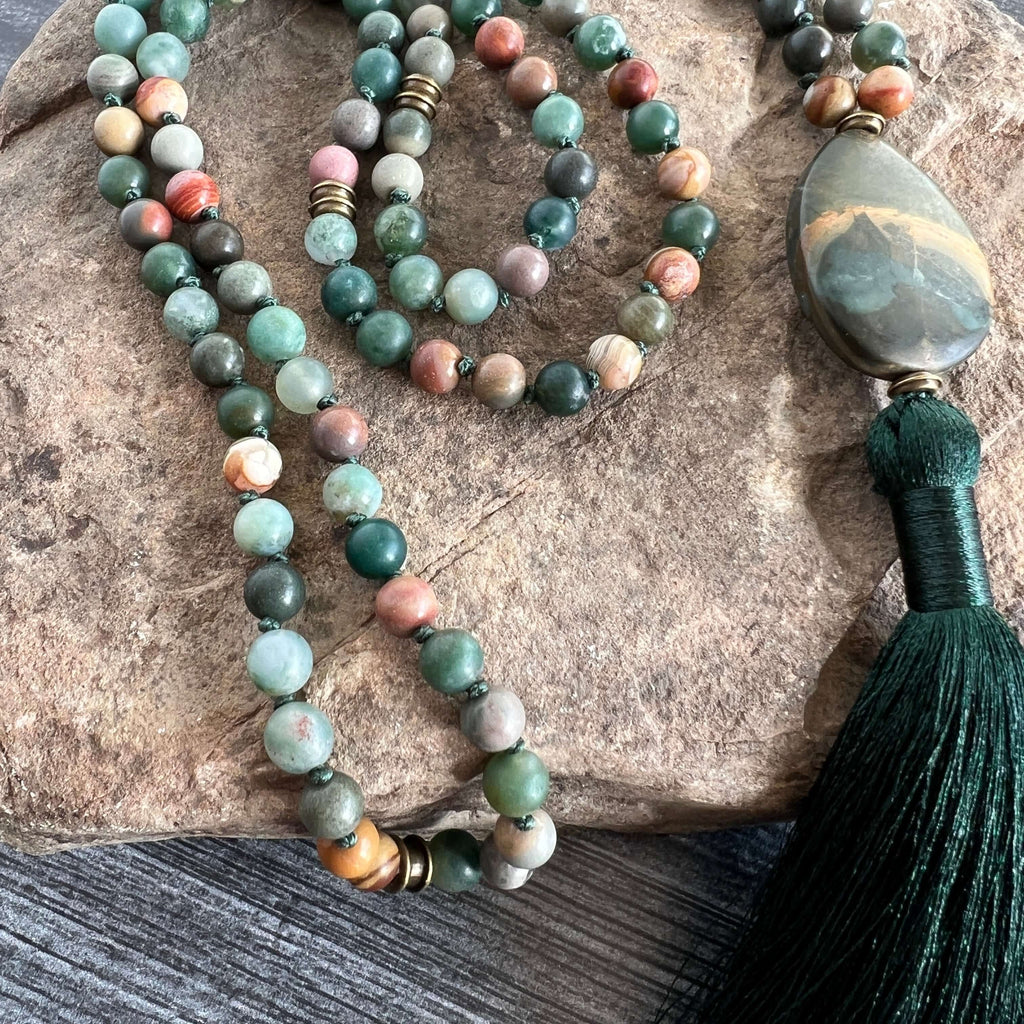Forest Walk Meditation Mala – 108 Beads of Moss Agate & Polychrome Jasper