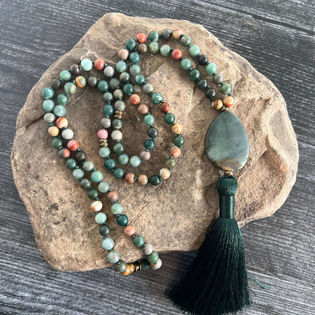 Forest Walk Meditation Mala – 108 Beads of Moss Agate & Polychrome Jasper