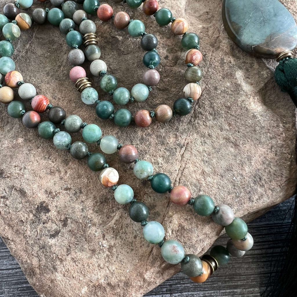 Forest Walk Meditation Mala – 108 Beads of Moss Agate & Polychrome Jasper